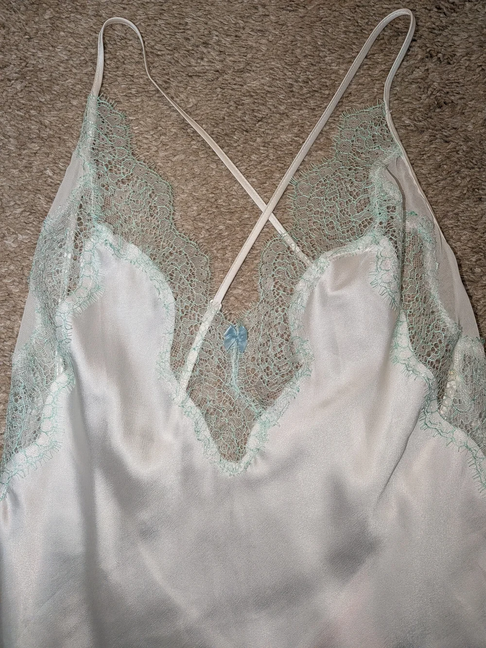 Victoria's Secret White Satin Chemise with Light Mint Lace
